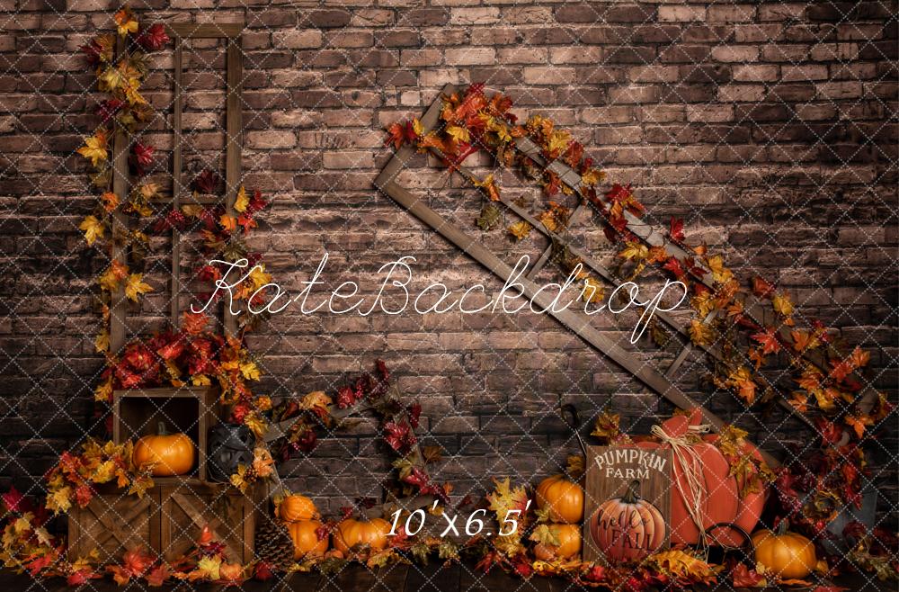 Kate Fall Pumpkins Autumn Leaves Brick Wall Backdrop Designed by Rose Abbas