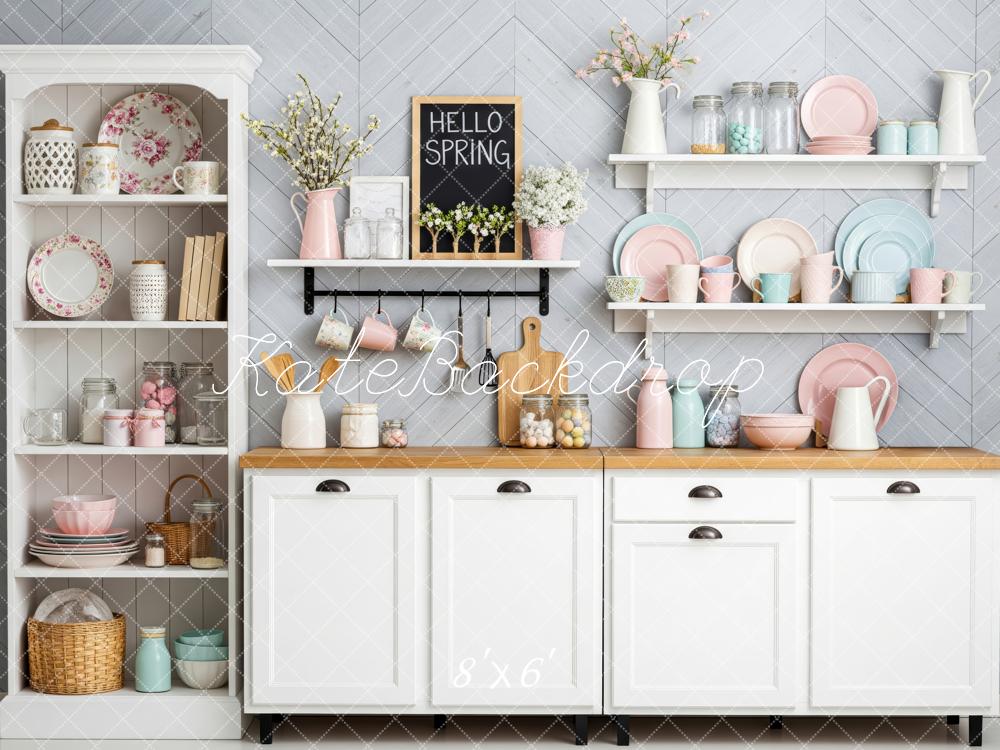 Kate Spring Kitchen Cabinets Crockery Backdrop Designed by Patty Roberts