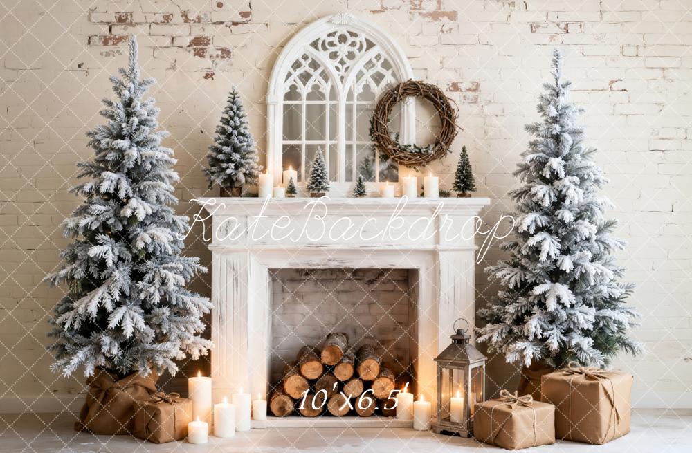 Kate Christmas Fireplace Snowy Trees Candles Fleece Backdrop Designed by Emetselch