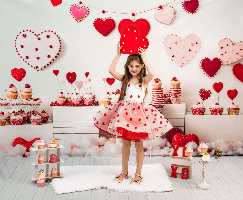 Kate Valentine Heart Dessert Cupcake Backdrop+White Gray Wood Floor Backdrop