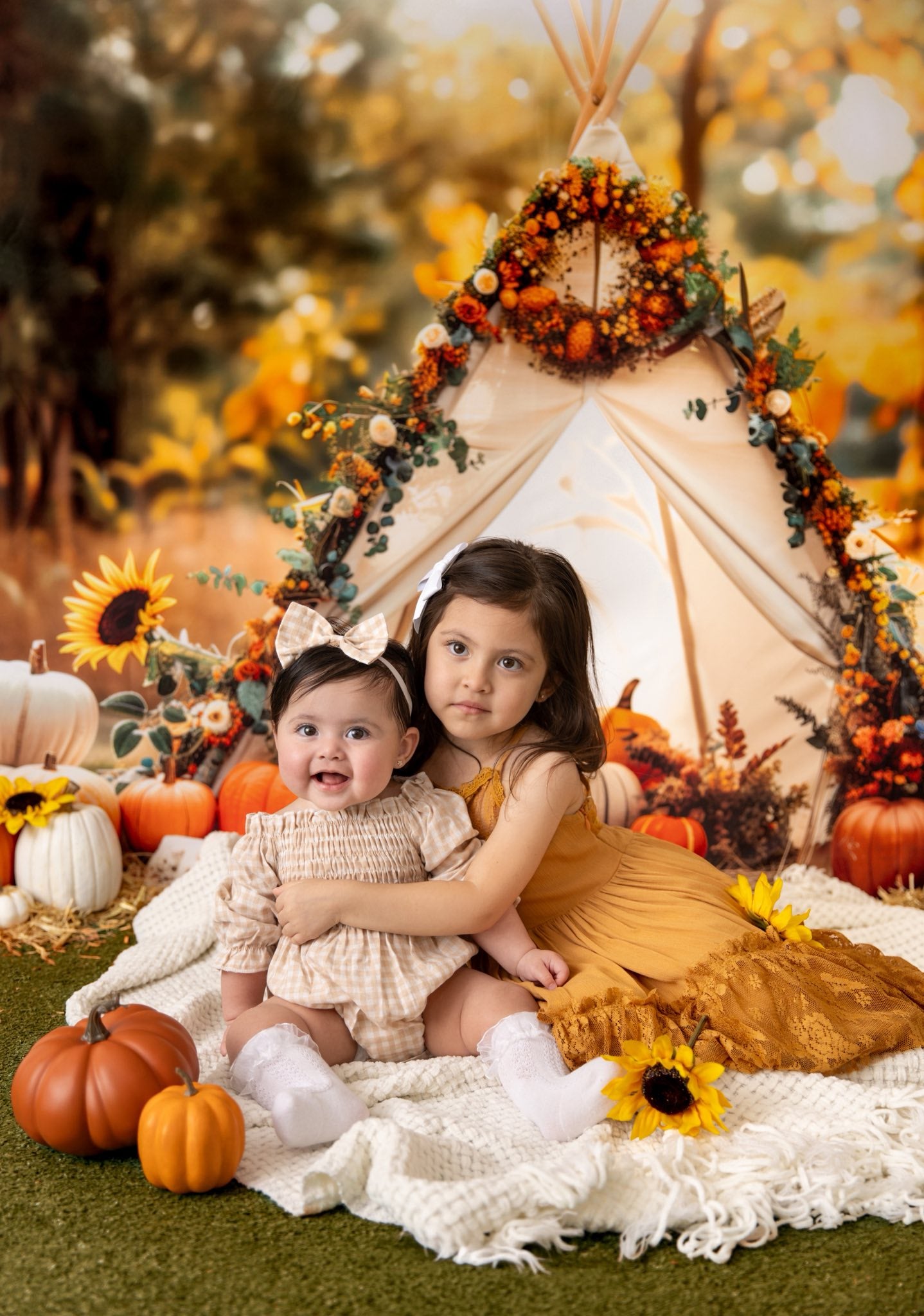 Kate Fall Teepee Pumpkins Sunflowers Backdrop Designed by Patty Roberts