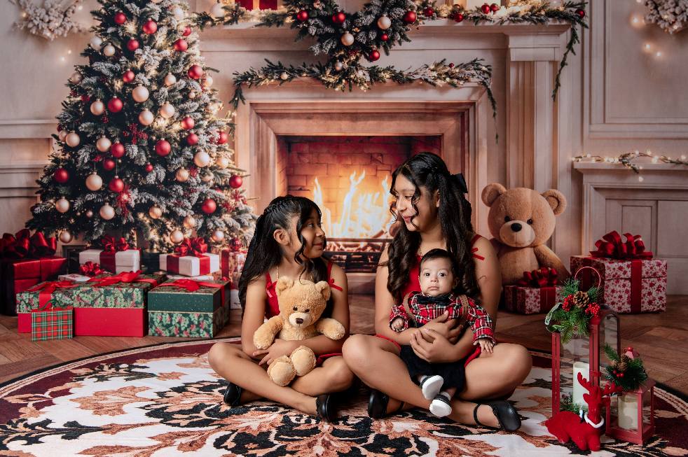 Kate Christmas Tree Fireplace Flame Backdrop+Retro Circular Pattern Floor Backdrop - Kate Backdrop AU