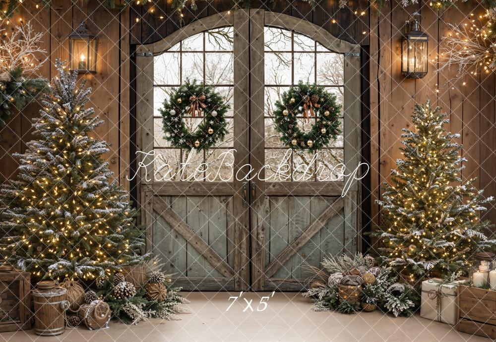 Kate Christmas Barn Door Garland Trees Backdrop Designed by Emetselch - Kate Backdrop AU