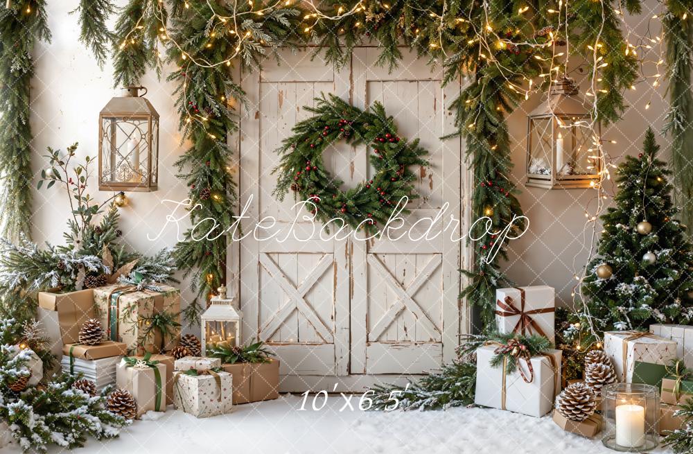 Kate Christmas Door Garland Gifts Pinecones Fleece Backdrop Designed by Emetselch - Kate Backdrop AU