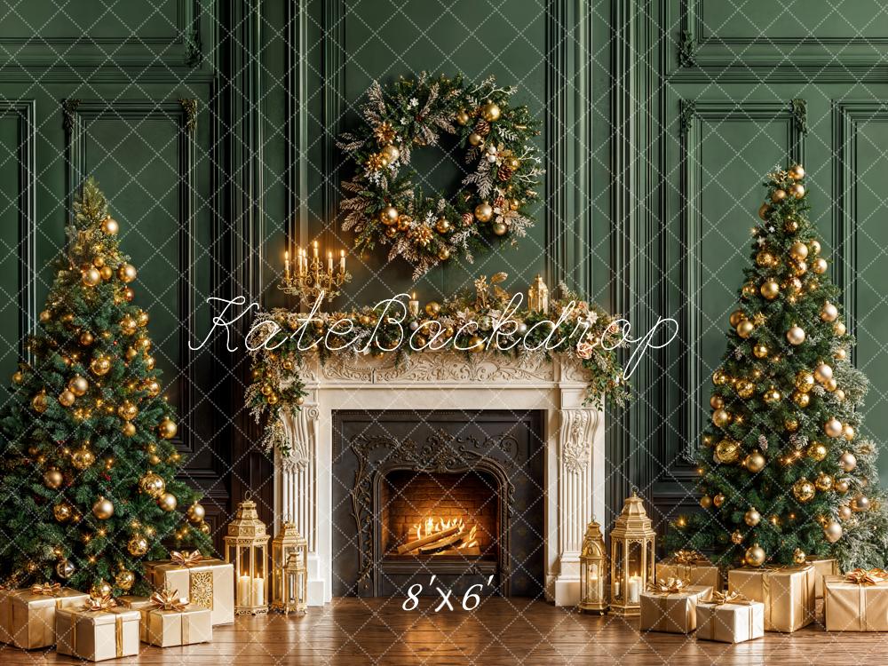 Kate Christmas Trees Fireplace Green Wall Fleece Backdrop Designed by Emetselch - Kate Backdrop AU