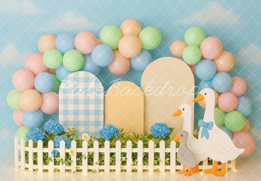 Kate Pastel Balloons Blue Hydrangea Geese Fence Backdrop Designed by Patty Roberts