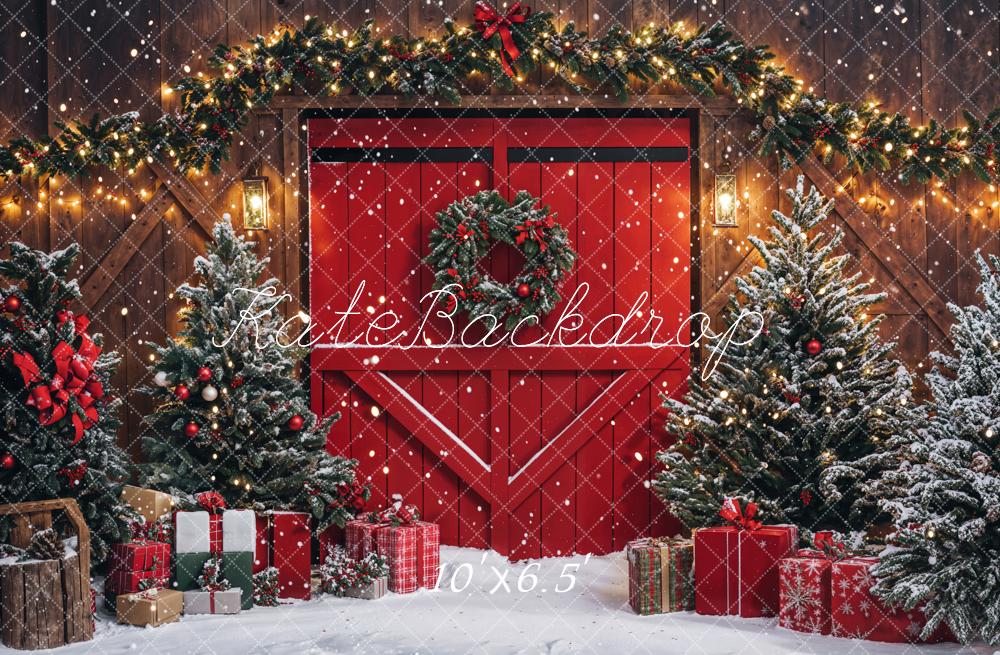 Kate Christmas Red Barn Door Pine Trees Presents Backdrop Designed by Emetselch - Kate Backdrop AU