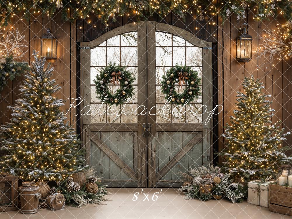 Kate Barn Door Christmas Trees Fleece Backdrop Designed by Emetselch - Kate Backdrop AU