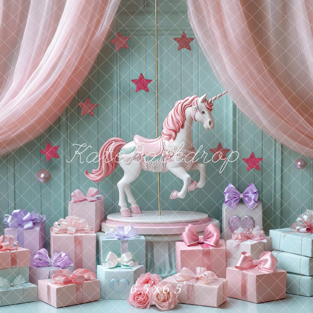 Kate Unicorn Carousel Pink Curtains Gift Boxes Backdrop Designed by Mini MakeBelieve - Kate Backdrop AU