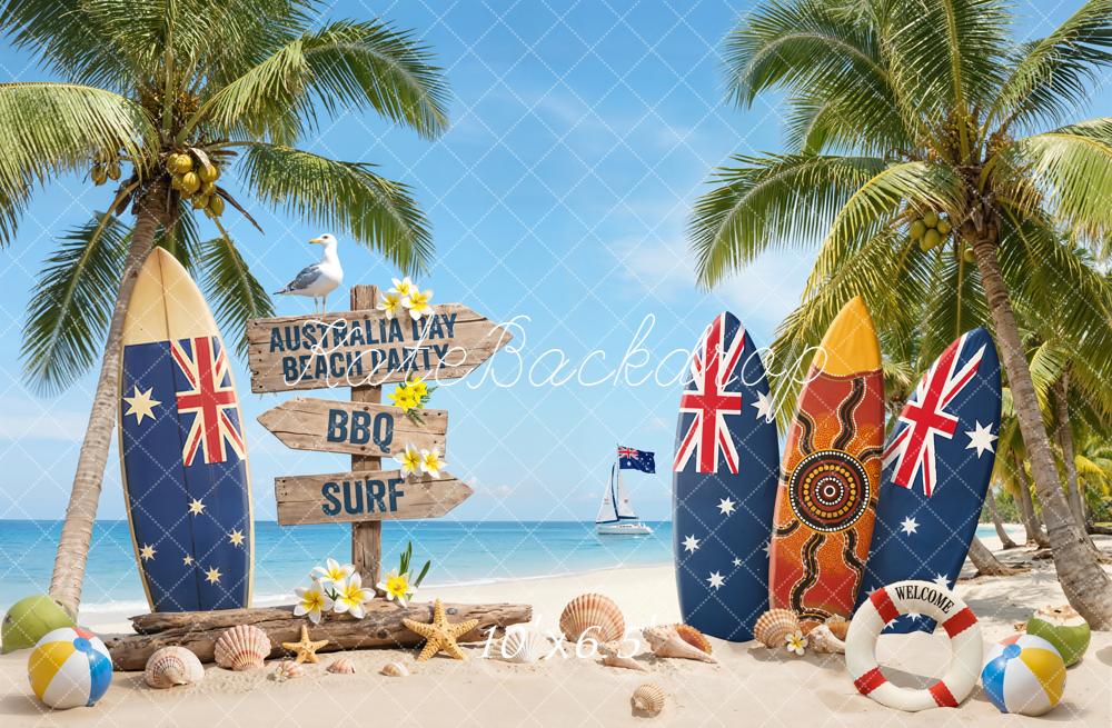 Kate Australia Day Surfboards Palm Trees Beach Backdrop Designed by Emetselch