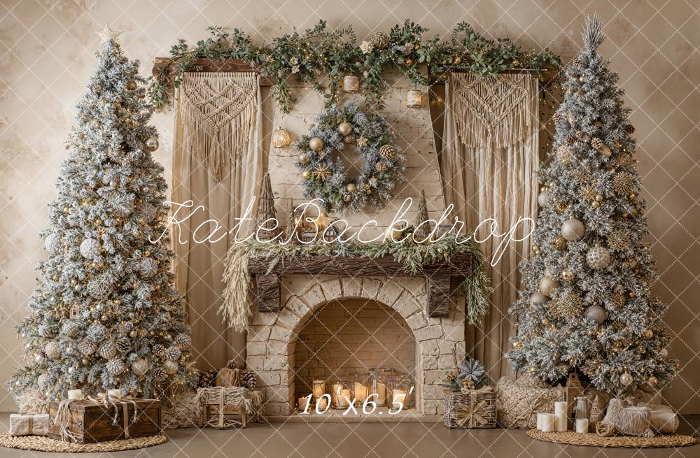 Kate Christmas Fireplace Trees Wreath Fleece Backdrop Designed by Emetselch - Kate Backdrop AU