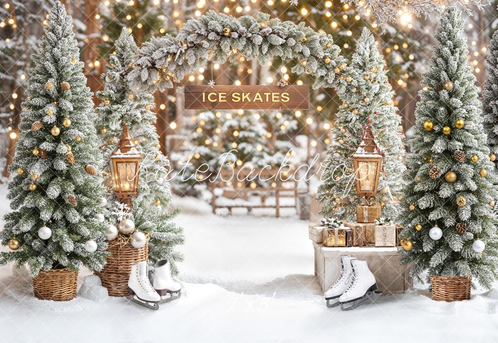 Kate Ice Skates Snowy Christmas Trees Arch Backdrop Designed by Emetselch - Kate Backdrop AU