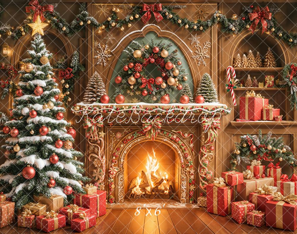 Kate Christmas Fireplace Tree Presents Fleece Backdrop Designed by Emetselch