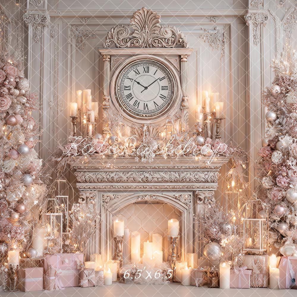 Kate Christmas Pink Trees Fireplace Clock Backdrop Designed by Ashley Paul
