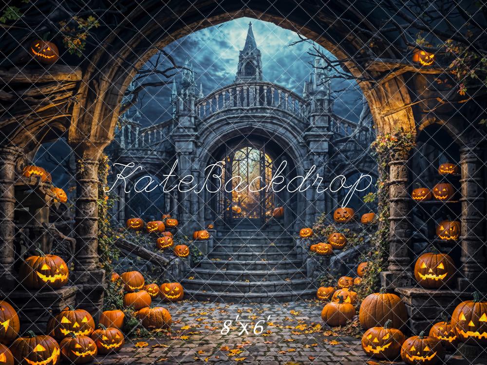 Kate Halloween Gothic Arch Pumpkins Staircase Backdrop Designed by Emetselch - Kate Backdrop AU