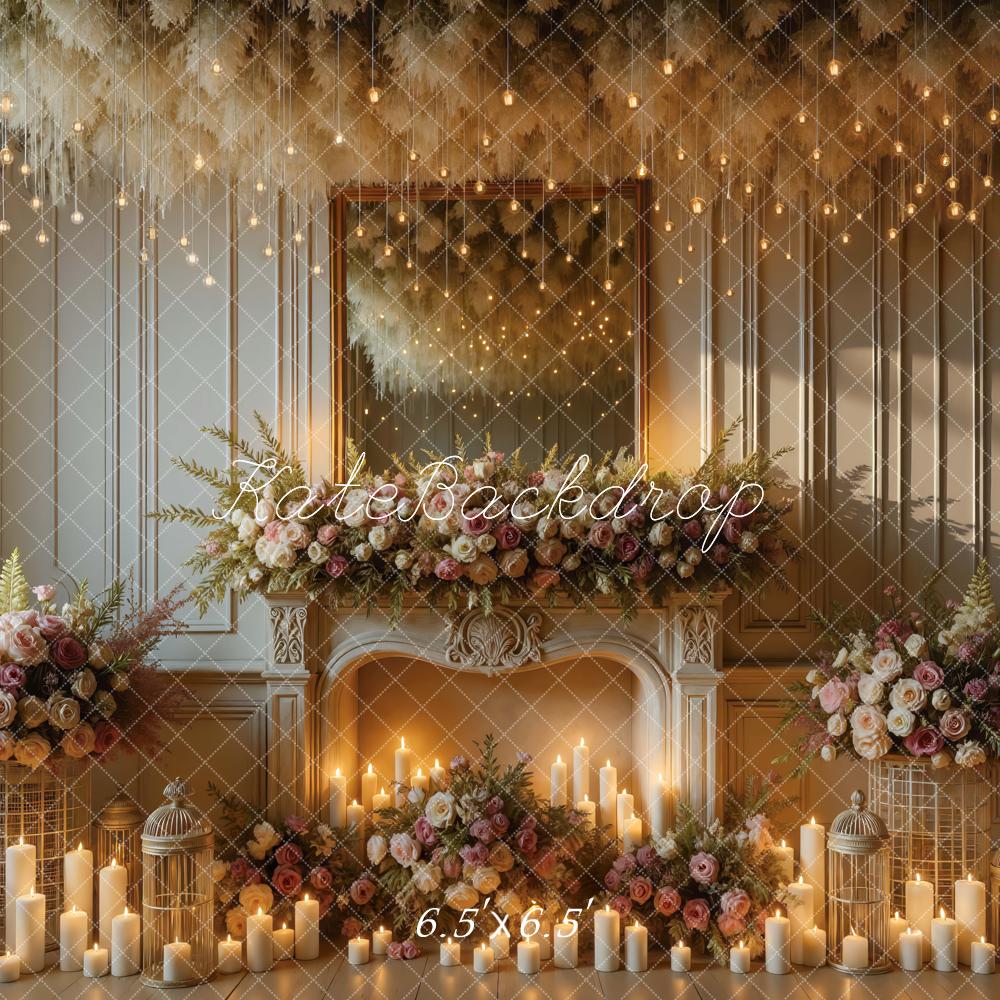 Kate Wedding Fireplace Floral Candles Backdrop Designed by Mini MakeBelieve