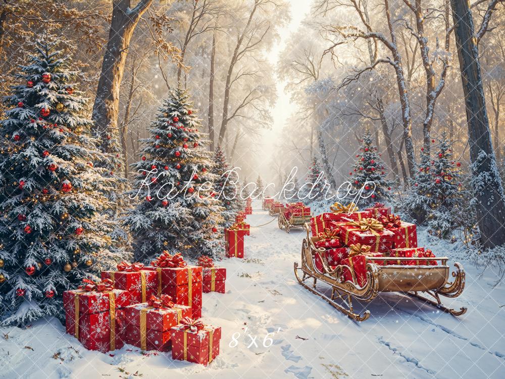 Kate Christmas Snowy Forest Gift Sleighs Fleece Backdrop Designed by Emetselch