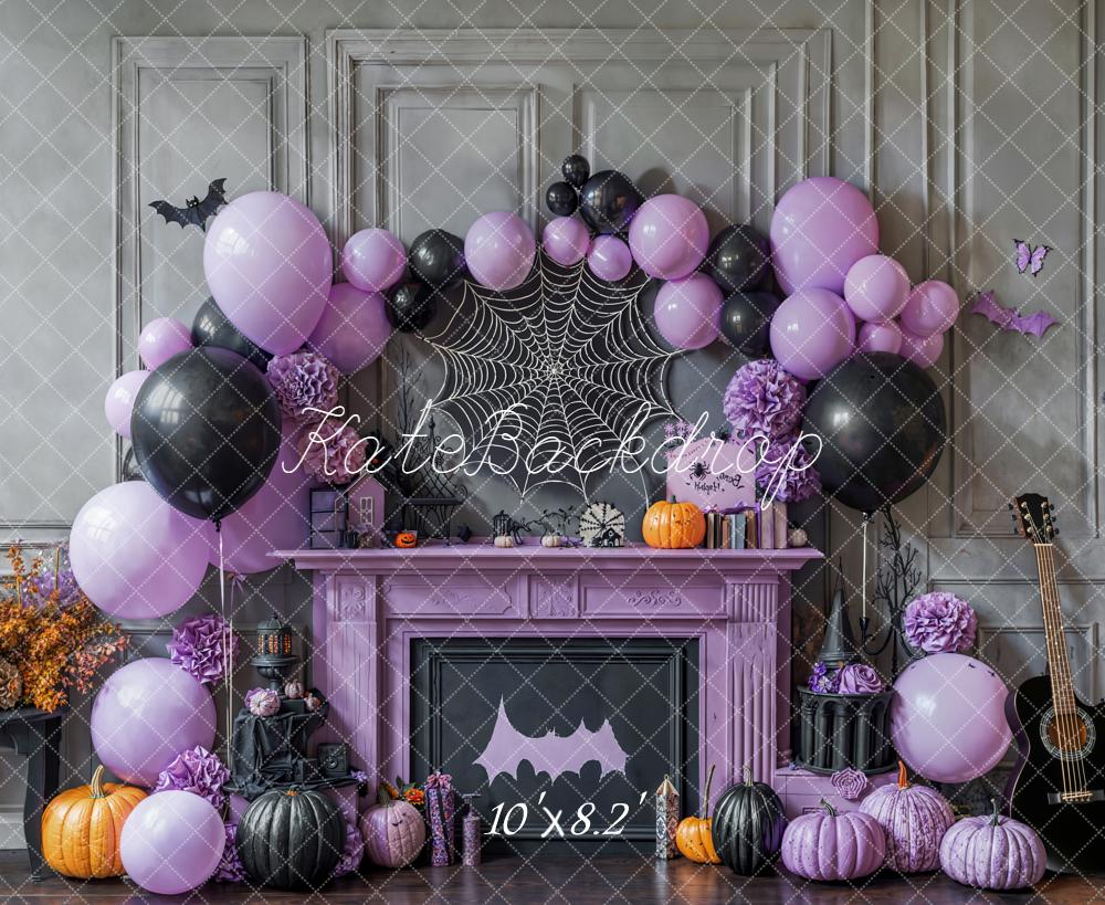Kate Halloween Purple Black Balloons Backdrop Pumpkins Spider Web Designed by Emetselch - Kate Backdrop AU