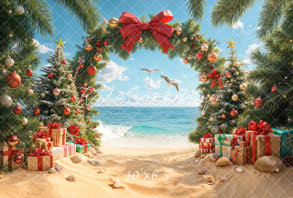 Christmas Beach Trees Arch Presents Fleece Backdrop Designed by Emetselch