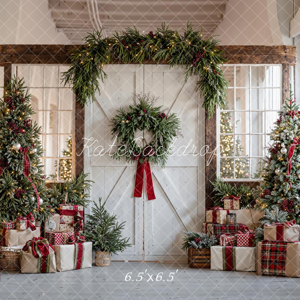 Kate Christmas Barn Door Trees Presents Backdrop Designed by Chain
