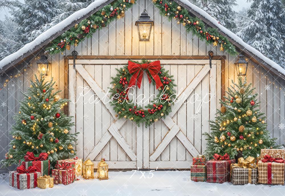 Kate Christmas Barn Door Wreath Trees Gifts Backdrop Designed by Emetselch - Kate Backdrop AU