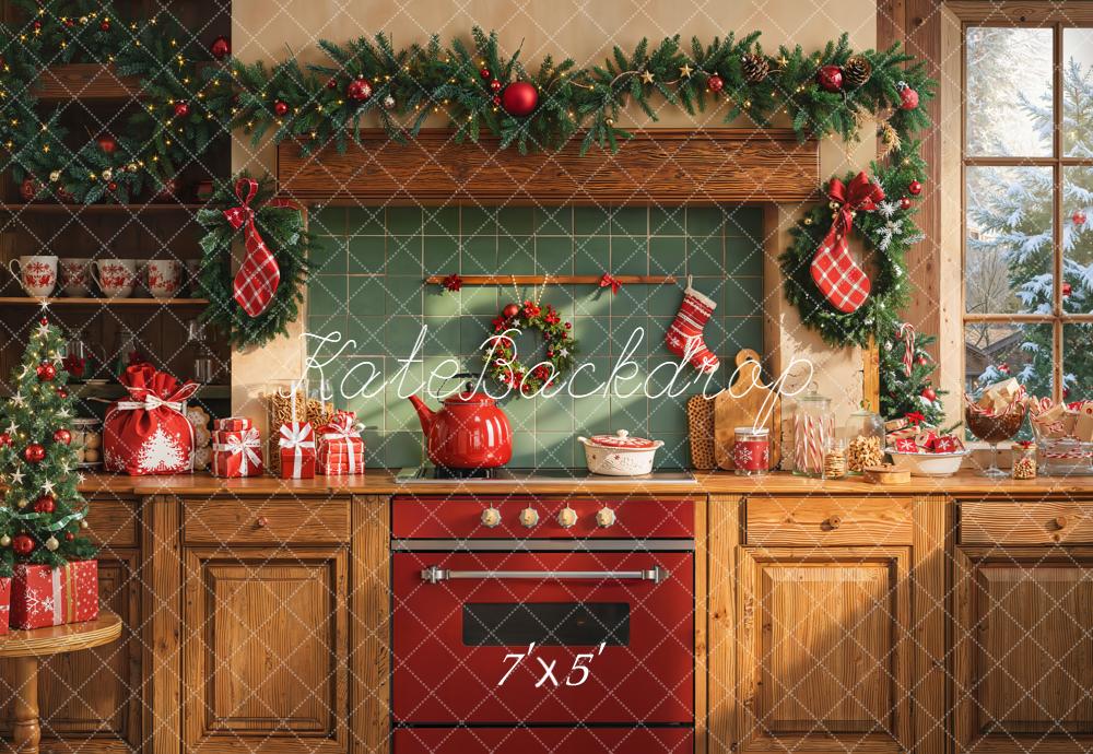 Kate Christmas Kitchen Garland Gifts Backdrop Designed by Emetselch - Kate Backdrop AU