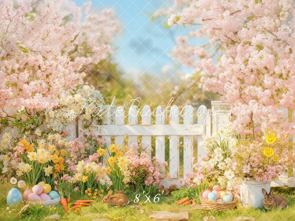 Kate Easter Bunny Flowers White Fence Backdrop Designed by Emetselch