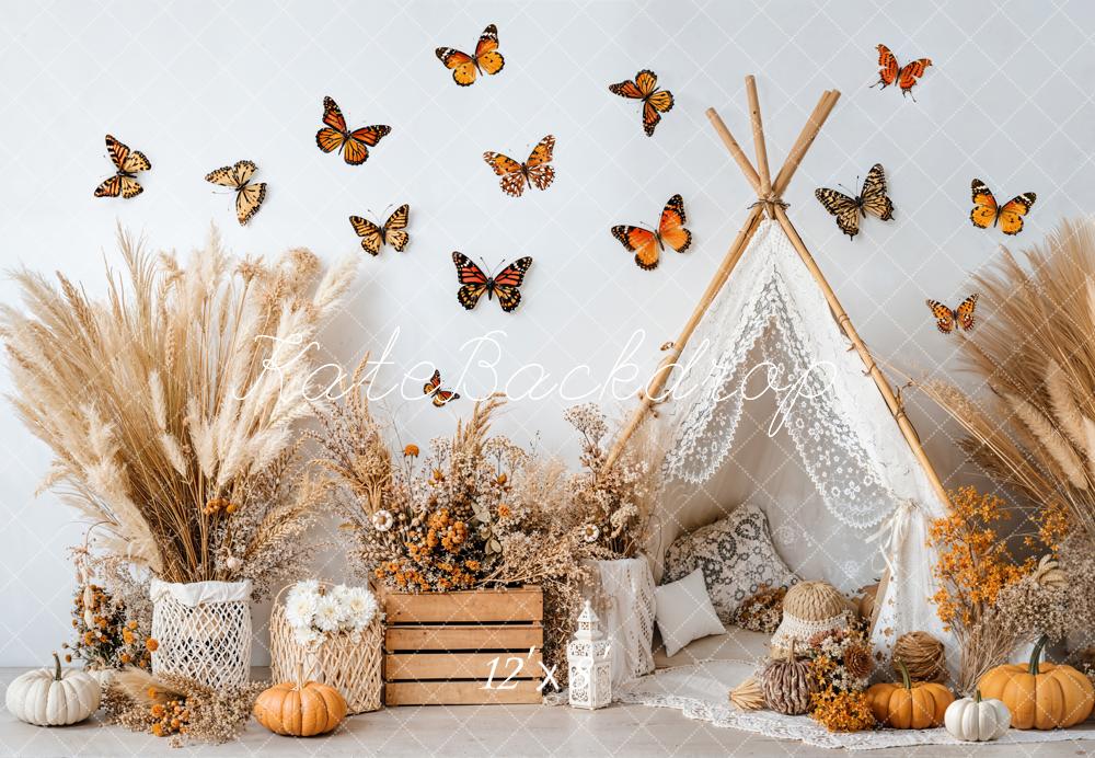 Kate Boho Tent Pumpkins Butterflies Pampas Fleece Backdrop Designed by Emetselch - Kate Backdrop AU