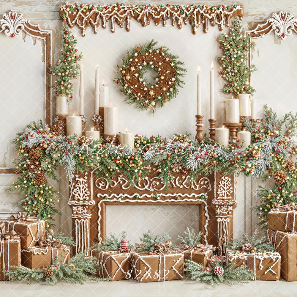 Kate Christmas Gingerbread Fireplace Presents Backdrop Designed by Emetselch