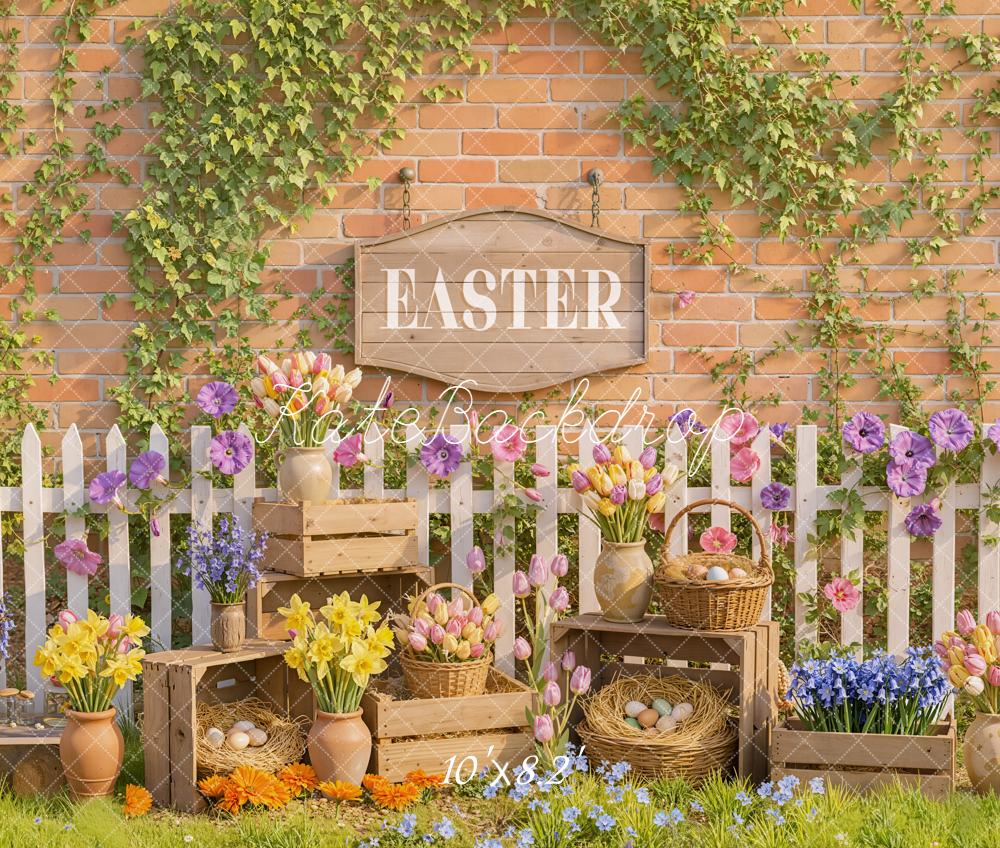 Kate Easter Flowers Eggs Brick Wall Fleece Backdrop Designed by Emetselch