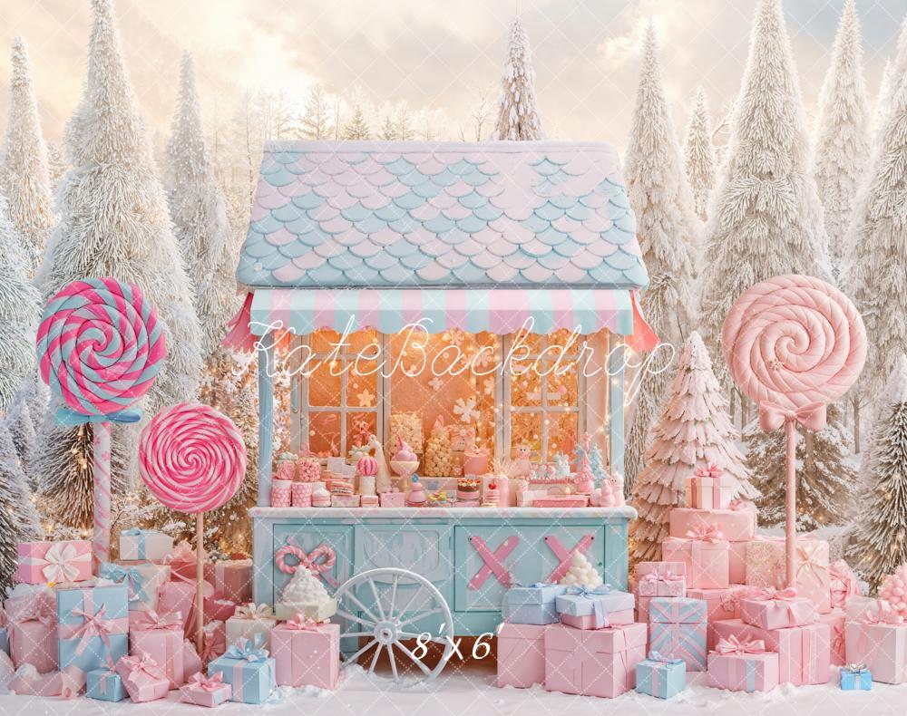 Kate Christmas Candy Cart Presents Forest Fleece Backdrop Designed by Emetselch