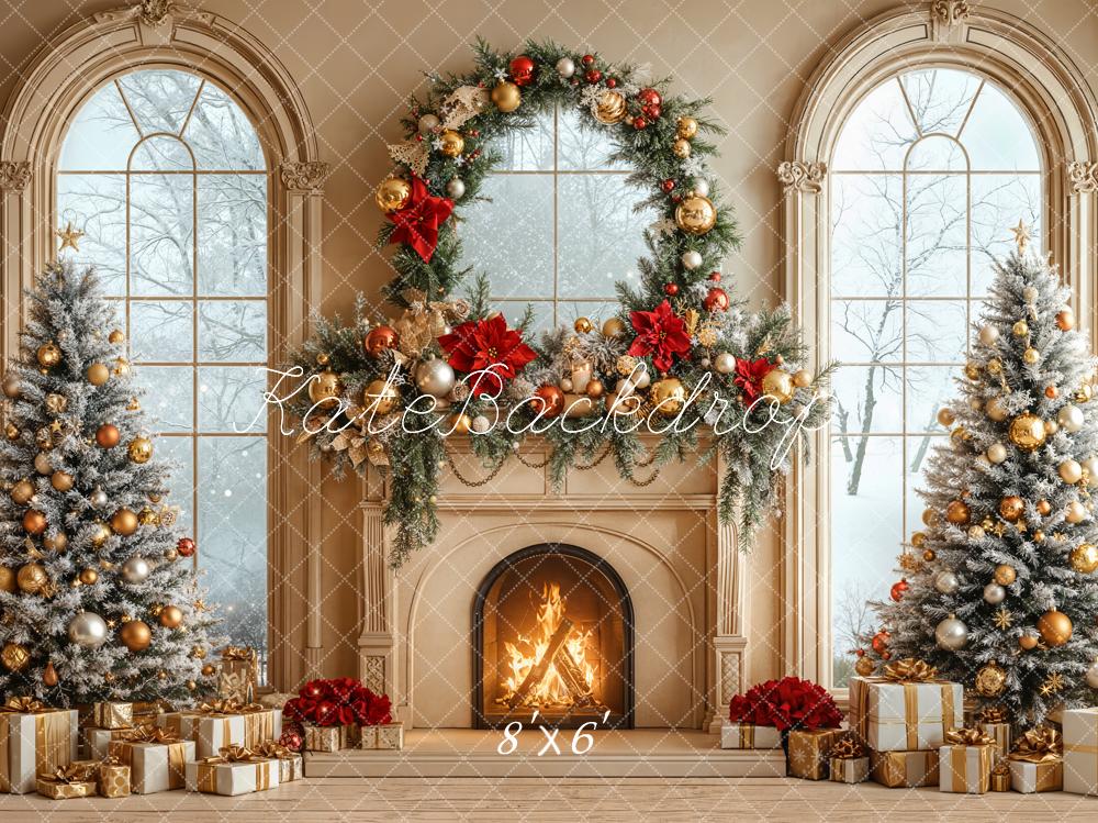 Kate Christmas Fireplace Wreath Windows Fleece Backdrop Designed by Emetselch - Kate Backdrop AU