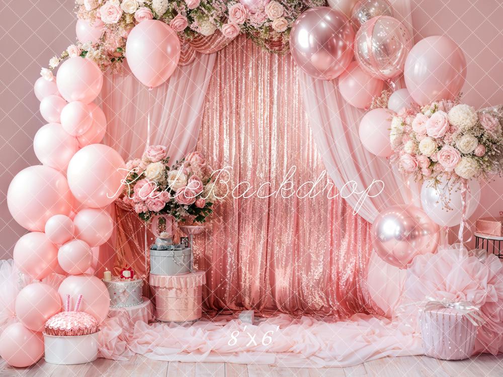 Kate Pink Balloons Pink Curtain Birthday Backdrop Designed by Emetselch - Kate Backdrop AU