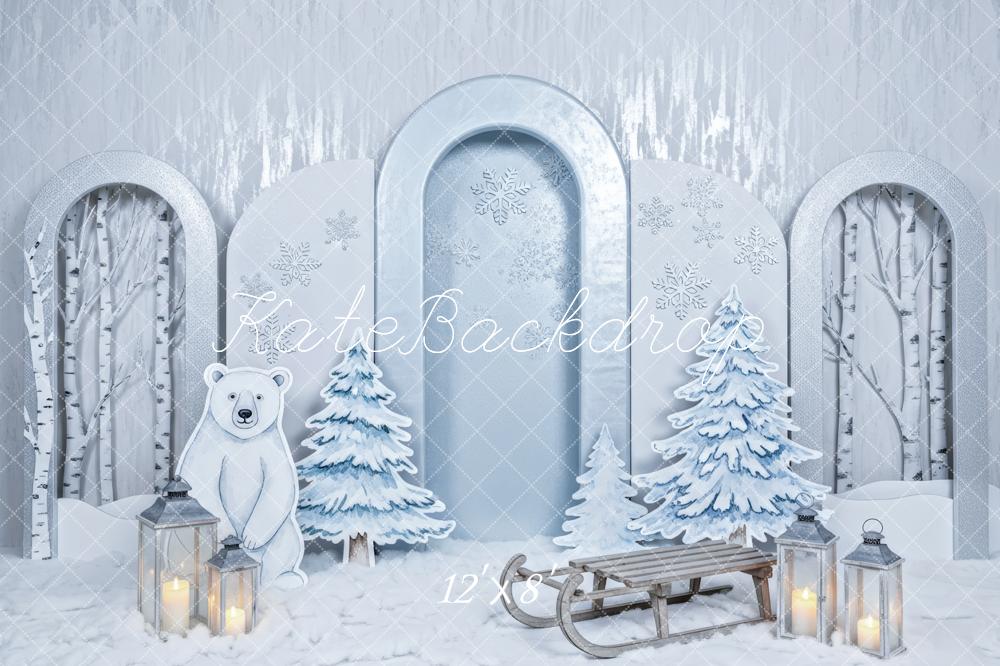 Kate Winter Polar Bear Sled Snowy Trees Backdrop Designed by Patty Roberts