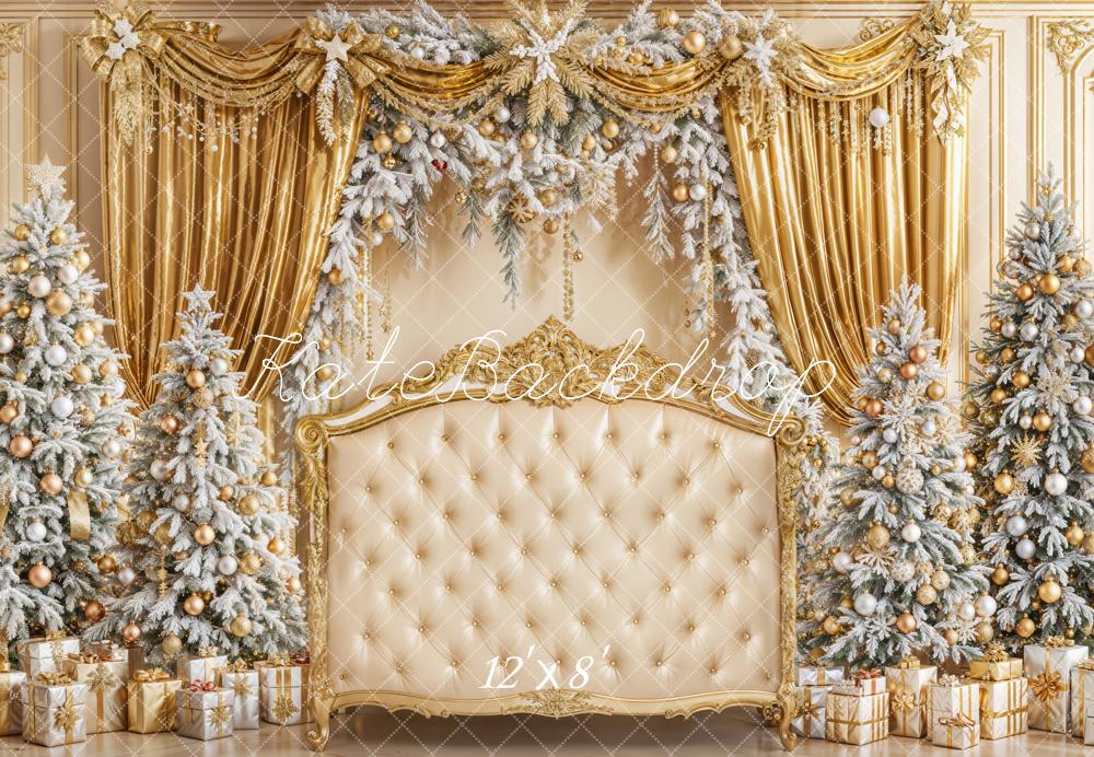 Kate Christmas Gold Curtain Snowy Trees Sofa Fleece Backdrop Designed by Emetselch - Kate Backdrop AU