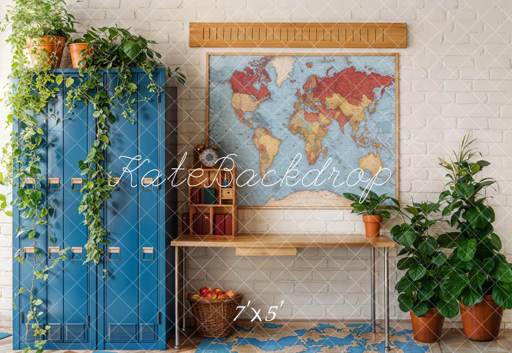 Kate School Map Blue Lockers Plants Backdrop Designed by Emetselch - Kate Backdrop AU