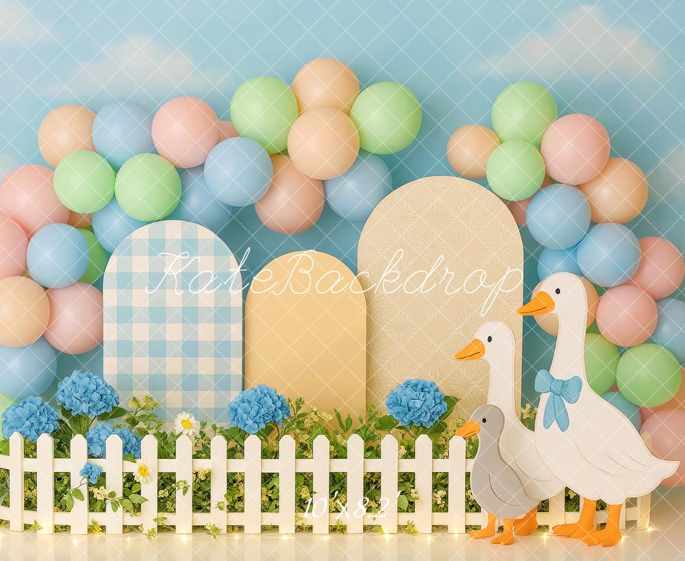 Kate Pastel Balloons Blue Hydrangea Geese Fence Backdrop Designed by Patty Roberts
