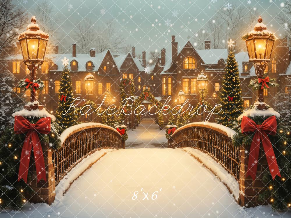 Kate Christmas Snow Bridge Village Fleece Backdrop Designed by Emetselch - Kate Backdrop AU
