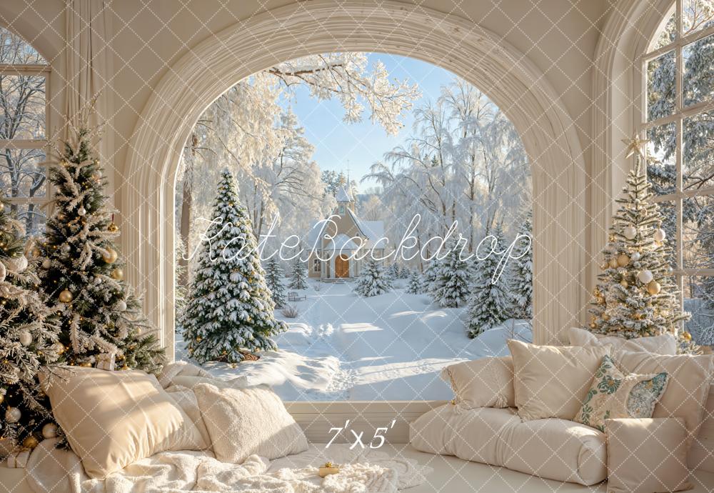 Kate Christmas Snowy Trees Arched Window Backdrop Designed by Emetselch - Kate Backdrop AU