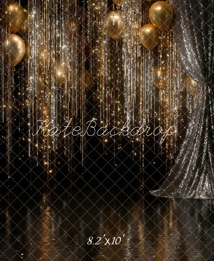 Kate Gold Balloons Glitter Streamers Silver Curtains Backdrop Designed by Emetselch