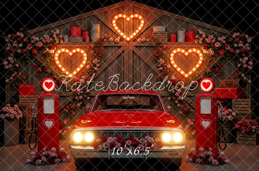 Kate Valentine Red Car Petrol Pumps Lighted Hearts Backdrop Designed by Patty Roberts
