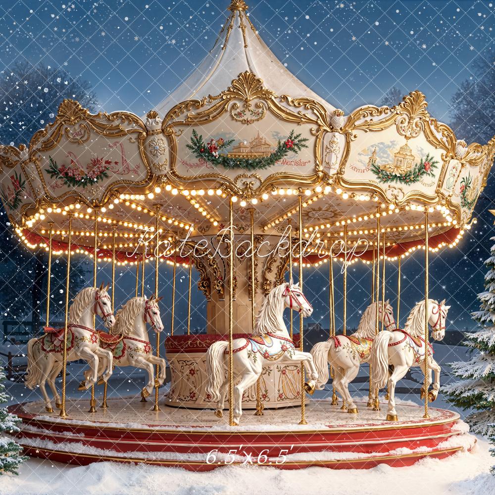 Kate Carousel Snow Winter Trees Backdrop Designed by Emetselch