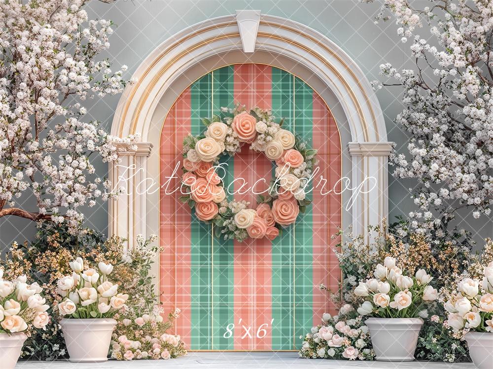 Kate Spring Arch Wreath Plaid Blossoms Backdrop Designed by Mini MakeBelieve - Kate Backdrop AU