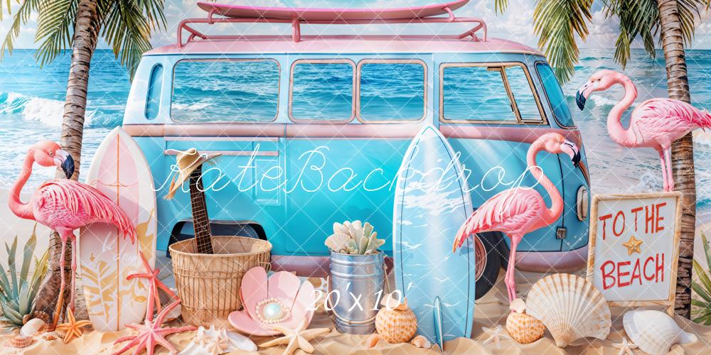 Kate Summer Beach Van Flamingos Surfboards Backdrop Designed by Emetselch