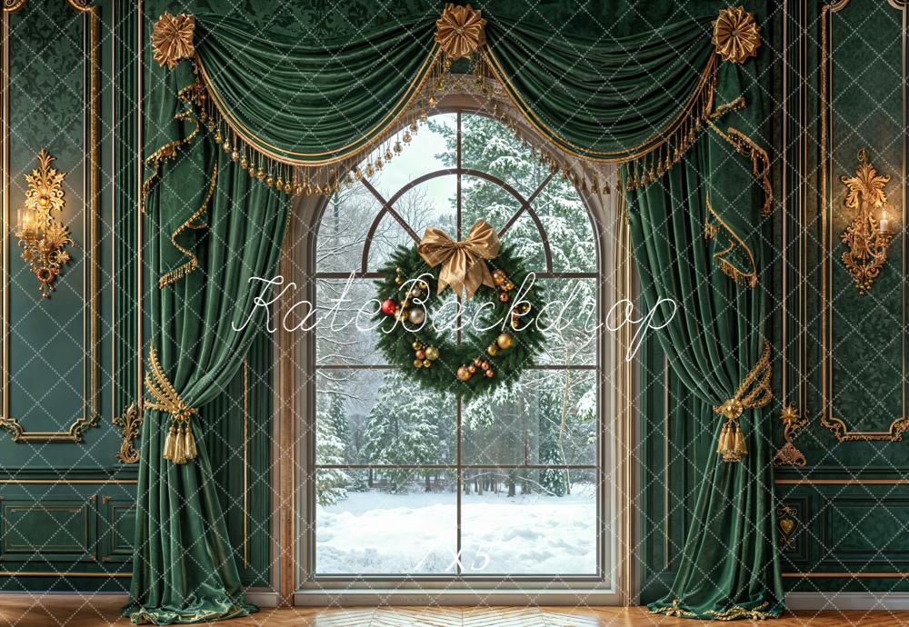 Kate Christmas Window Green Curtains Backdrop Designed by Emetselch - Kate Backdrop AU