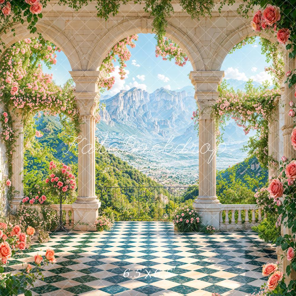 Kate Garden Arch Roses Checkered Floor Backdrop Designed by Emetselch - Kate Backdrop AU