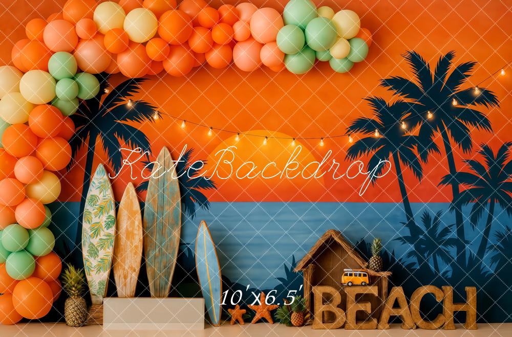 Kate Beach Surfboards Palm Trees Orange Sunset Backdrop Designed by Patty Roberts