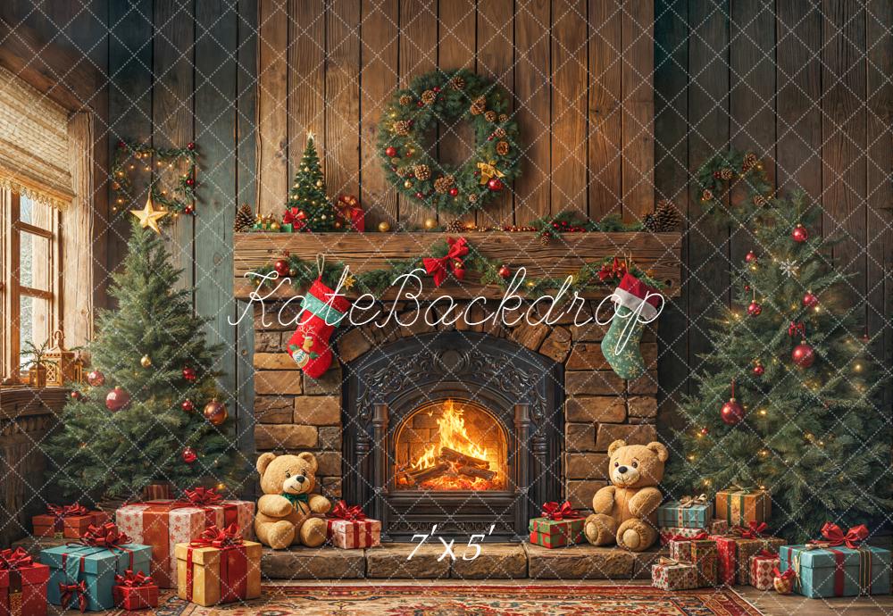 Kate Christmas Fireplace Trees Presents Backdrop Designed by Emetselch
