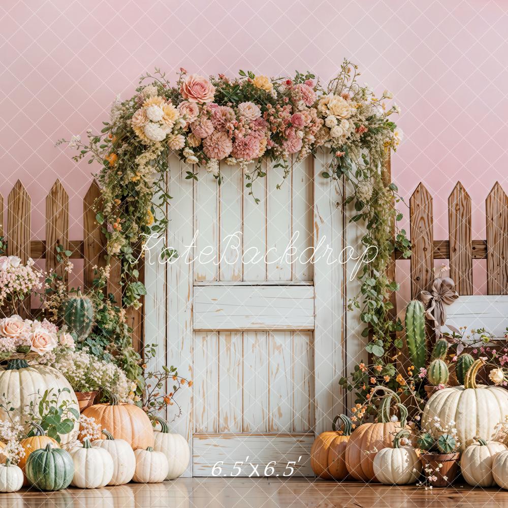 Kate Flower Arch Pumpkins Rustic Fence Pink Backdrop Designed by Emetselch - Kate Backdrop AU