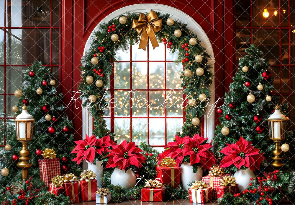 Kate Christmas Garland Red Poinsettias Backdrop Designed by Mini MakeBelieve - Kate Backdrop AU